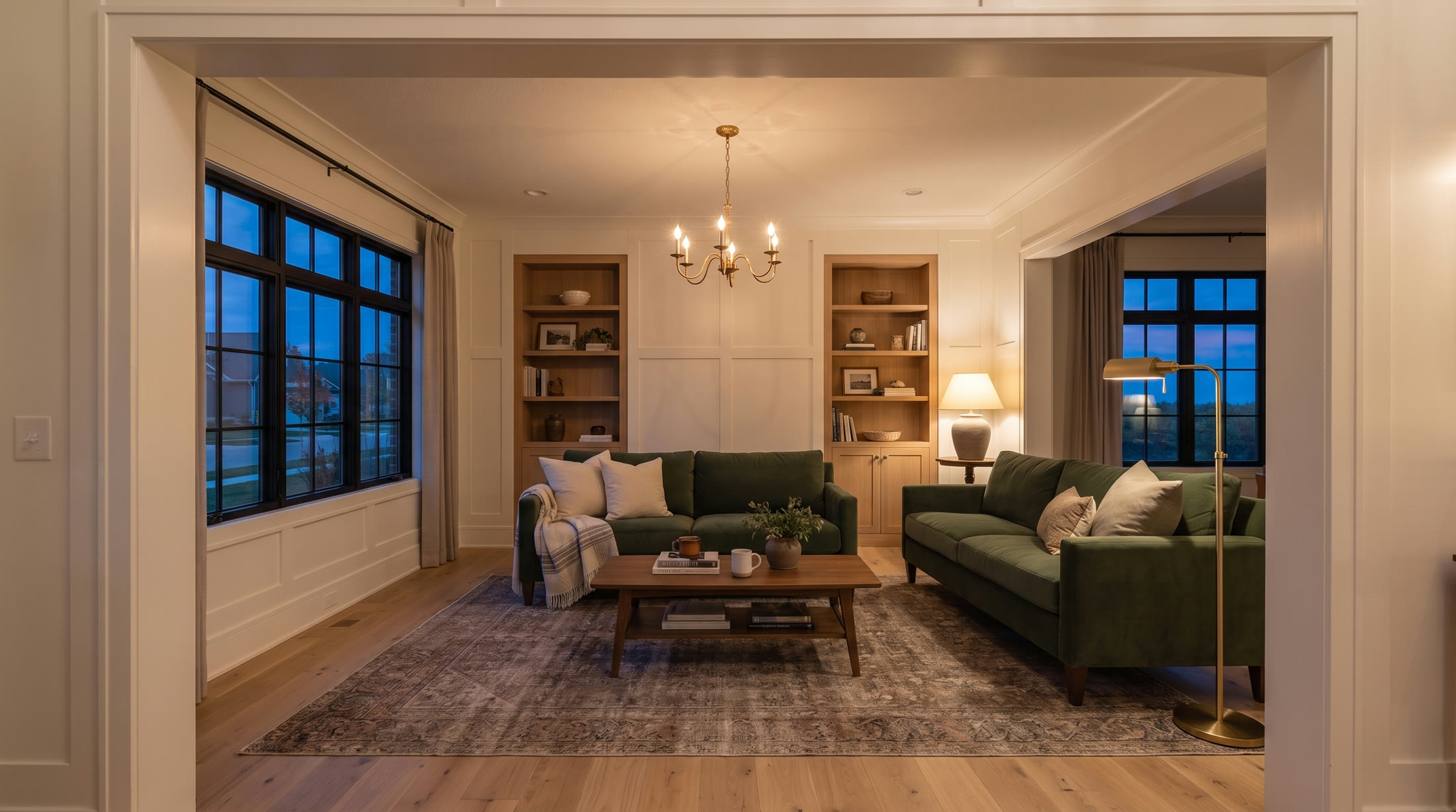 Living room with white-oak floors and a wall of glass to the backyard