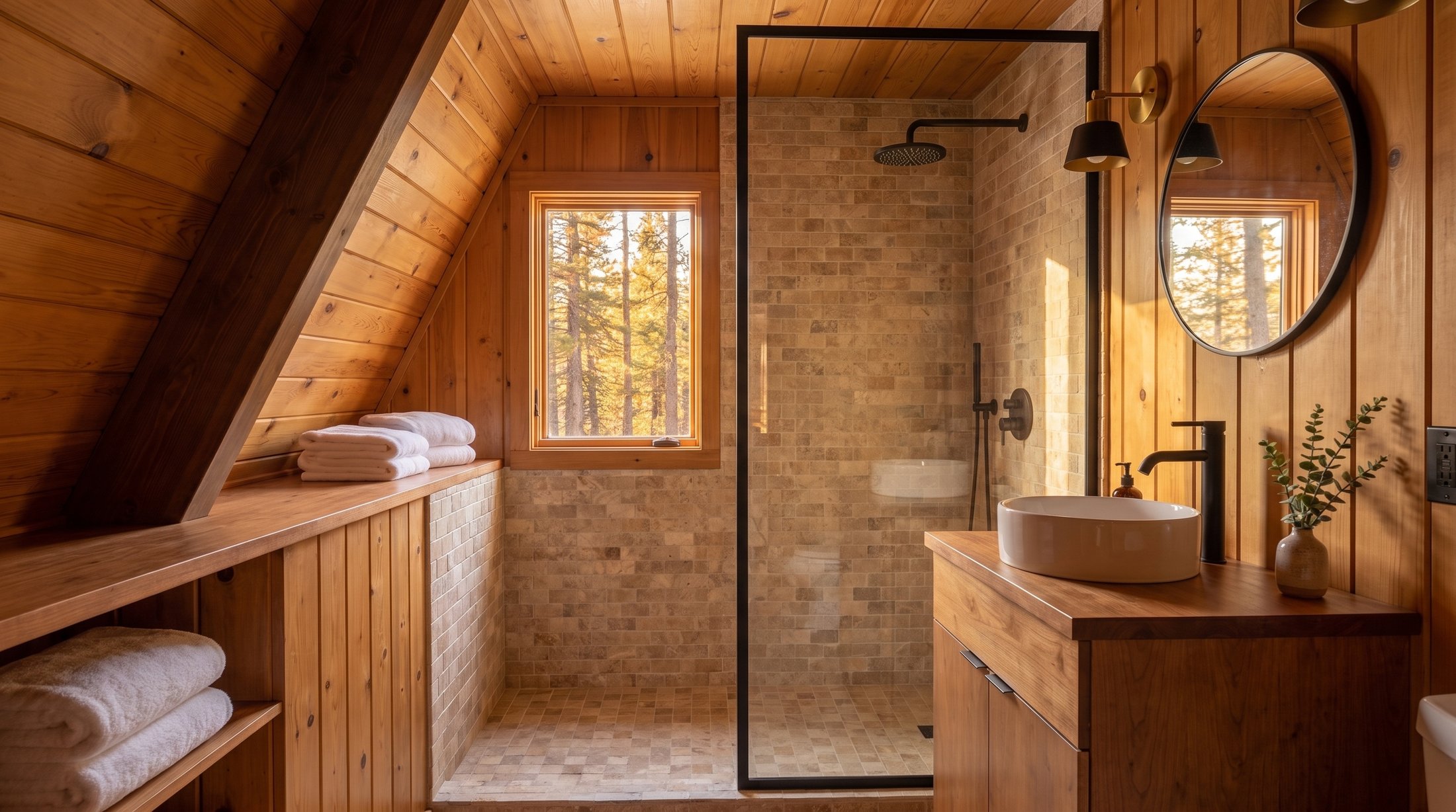 Warm wood-lined bathroom