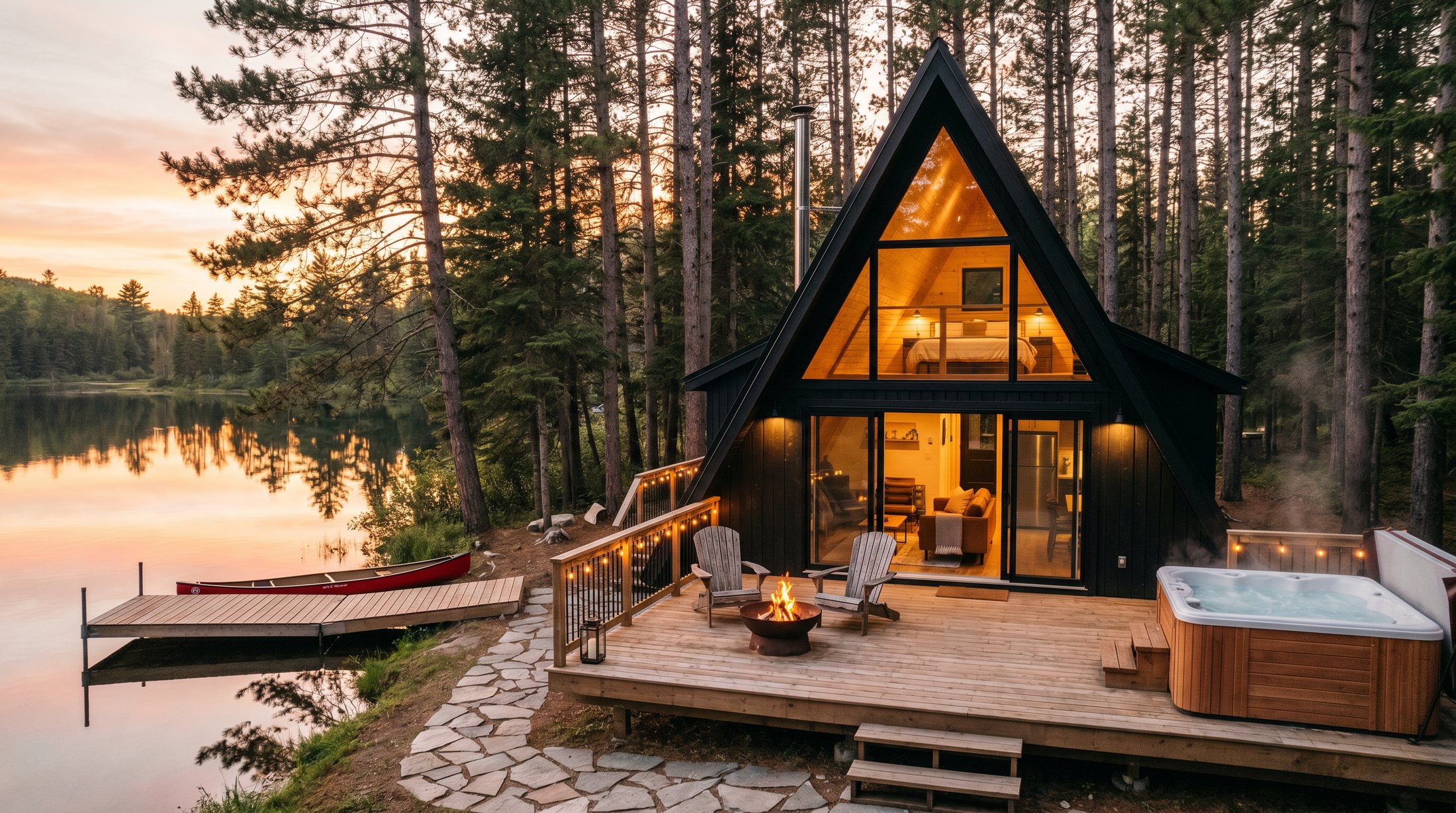 The Blackpine A-Frame, a black-cedar cabin glowing at golden hour on a Haliburton lake, with a dock and red canoe below