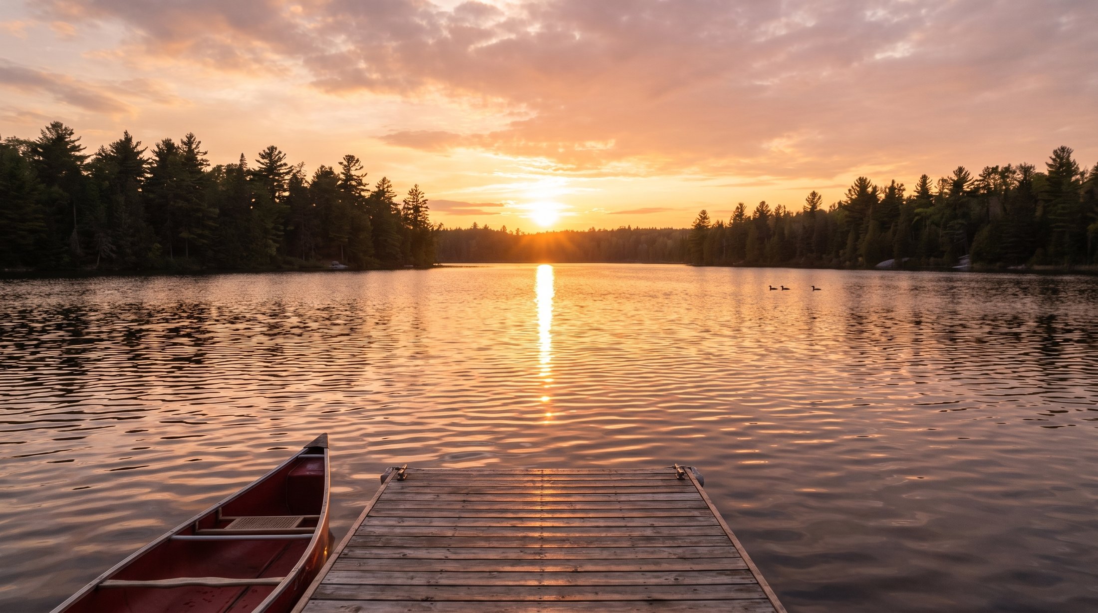 Low golden light over the water at the dock's end